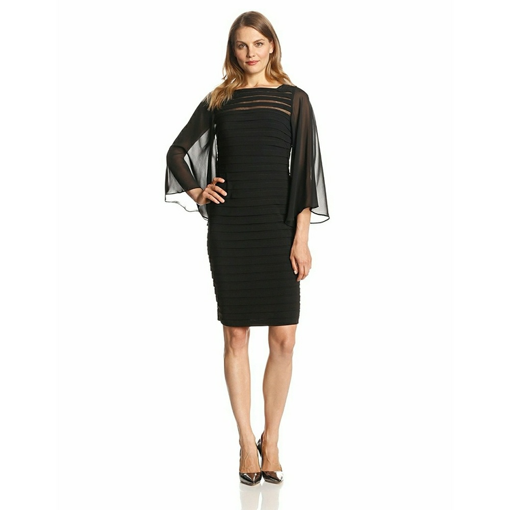Adrianna Papell Sheer Flared Sleeve Tuck Dress